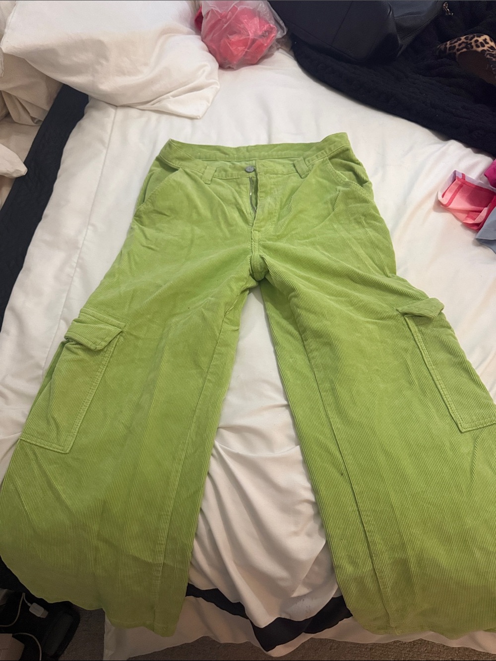 Brandy Melville Lime Green Wide-Leg Corduroy Cargo Pants